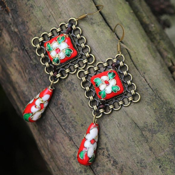 NEW Nepal Handmade Cloisonne Dangle Earrings - Picture 7 of 9